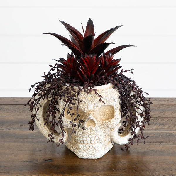 8” Artificial Halloween Succulent Garden in Horned Skull Planter