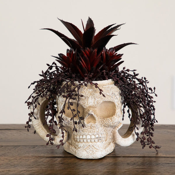 8” Artificial Halloween Succulent Garden in Horned Skull Planter