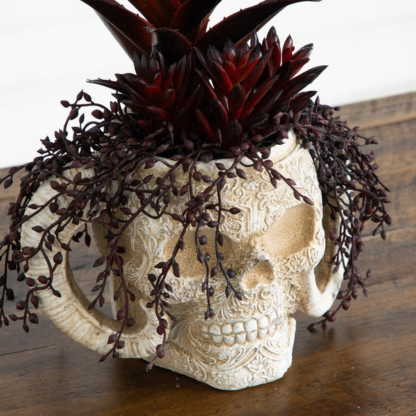 8” Artificial Halloween Succulent Garden in Horned Skull Planter