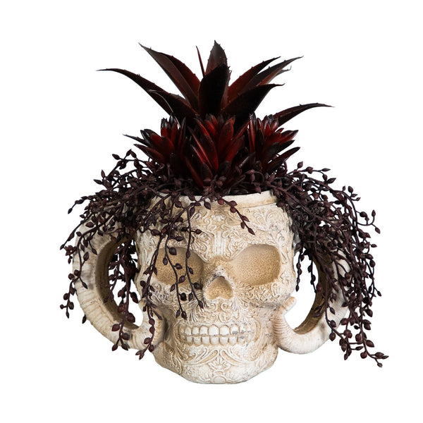 8” Artificial Halloween Succulent Garden in Horned Skull Planter