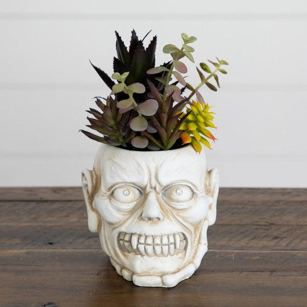 8” Artificial Halloween Succulent Garden in Zombie Halloween Planter