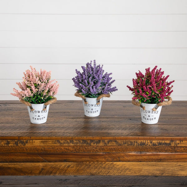 8” Artificial Lavender Plant in Rustic Flowers & Garden Planter -Set of 3