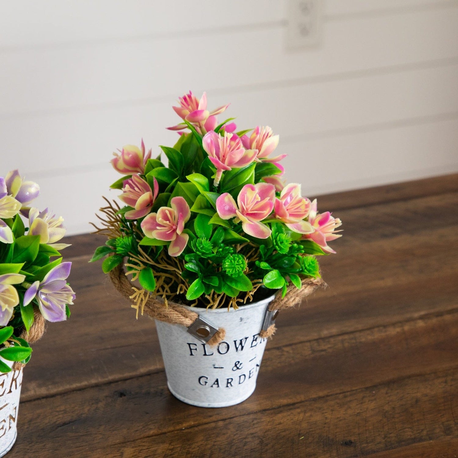 8” Artificial Lush Flowering Plant in Rustic Flowers & Garden Planter -Set of 3