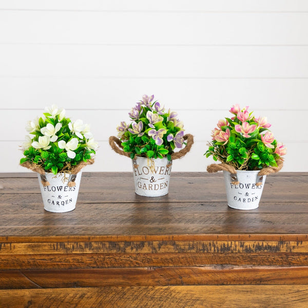8” Artificial Lush Flowering Plant in Rustic Flowers & Garden Planter -Set of 3