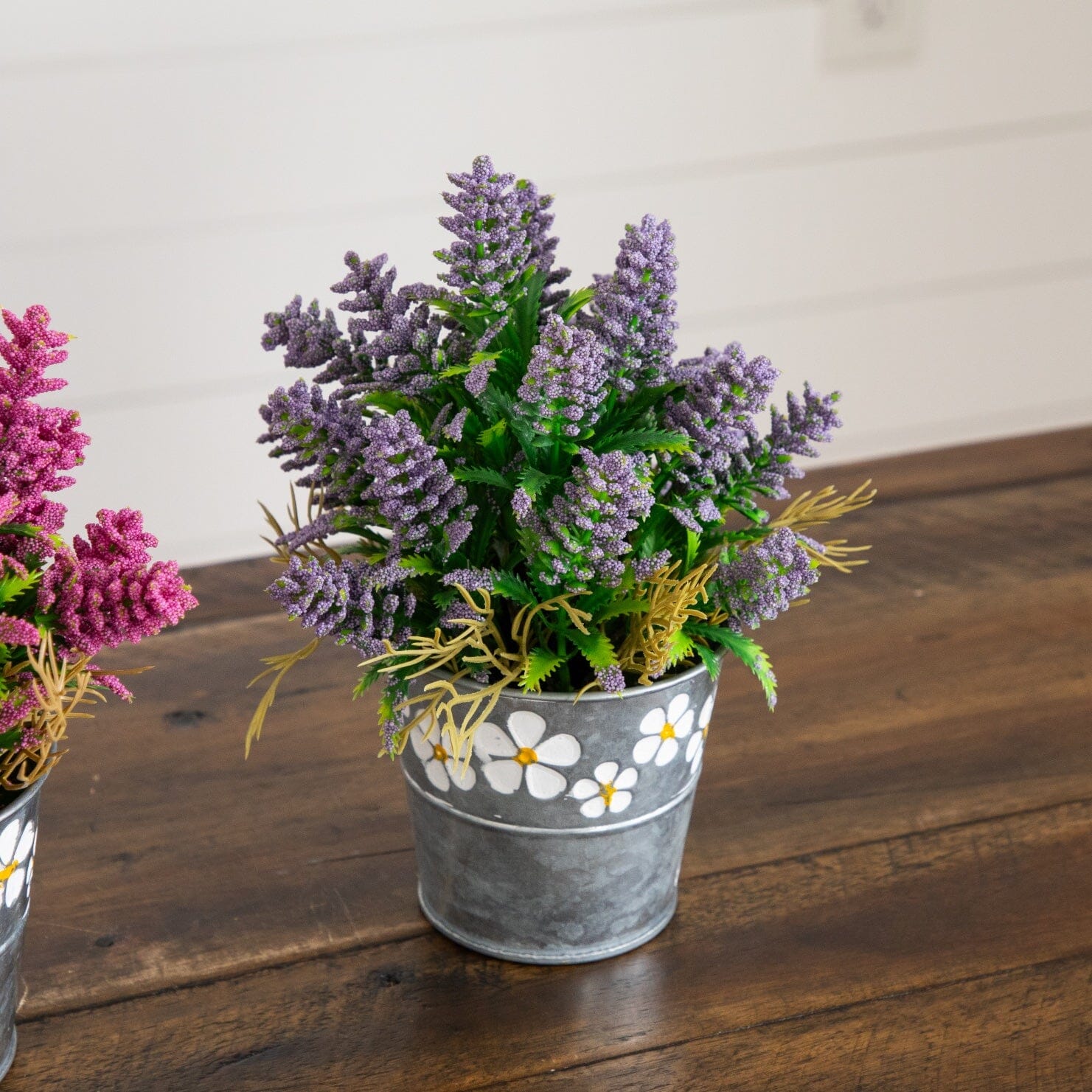 8” Artificial Lush Mixed Lavender Plant in Decorative Daisy Tin Planter -Set of 3