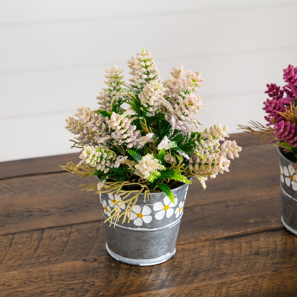 8” Artificial Lush Mixed Lavender Plant in Decorative Daisy Tin Planter -Set of 3