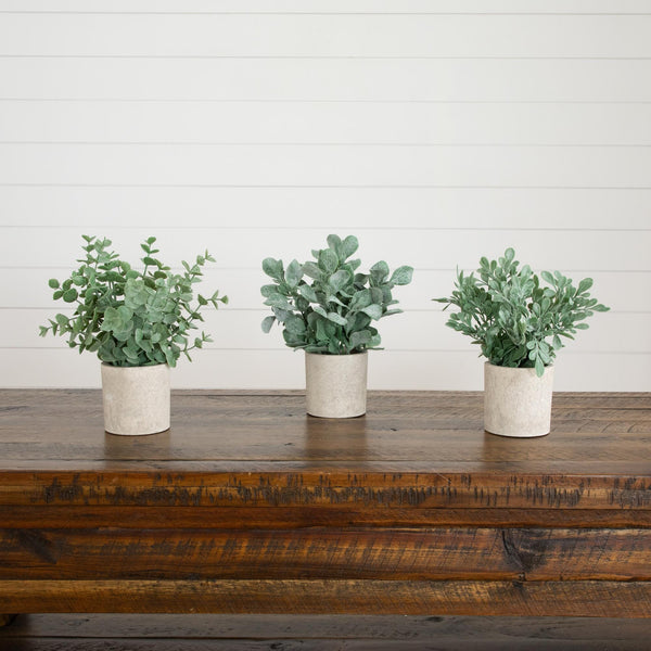 8" Artificial Mixed Eucalyptus Plant in Decorative Planter - Set of 3