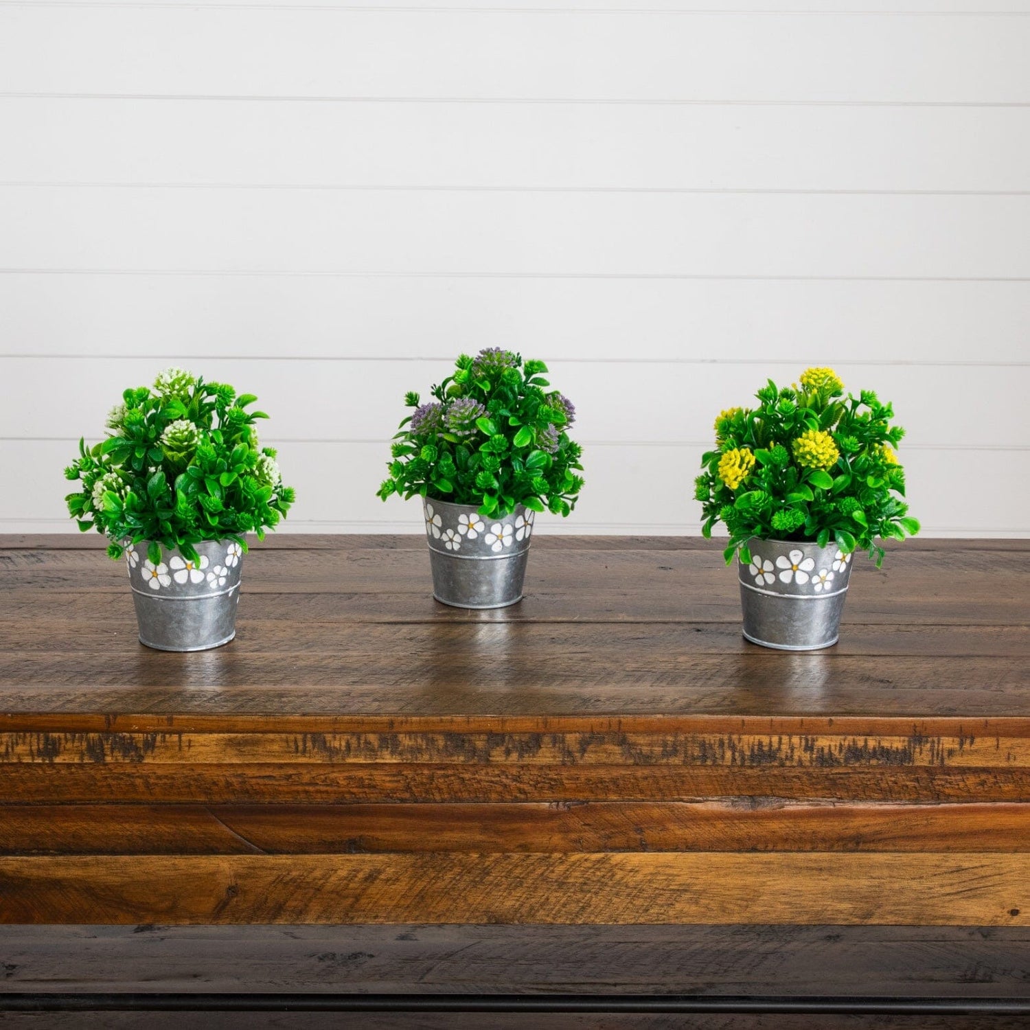 8" Artificial Mixed Flowering Plant in Decorative Daisy Tin Planter -Set of 3