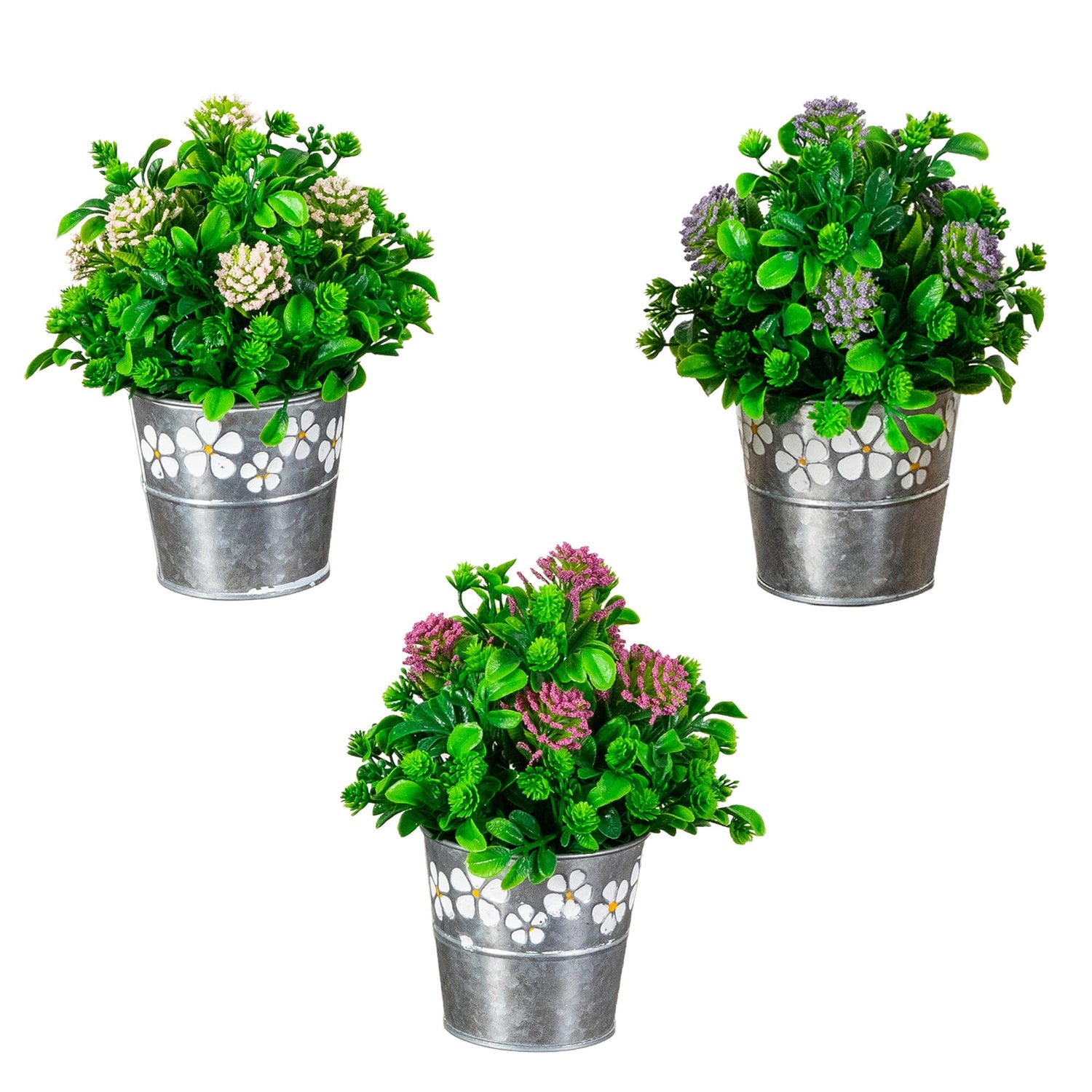 8" Artificial Mixed Flowering Plant in Decorative Daisy Tin Planter -Set of 3