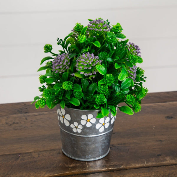 8" Artificial Mixed Flowering Plant in Decorative Daisy Tin Planter -Set of 3