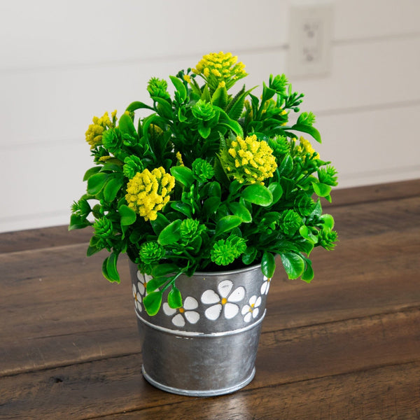 8" Artificial Mixed Flowering Plant in Decorative Daisy Tin Planter -Set of 3