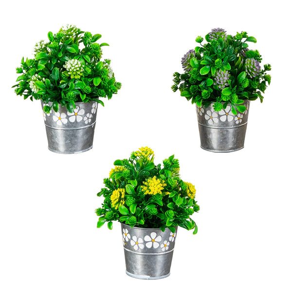 8" Artificial Mixed Flowering Plant in Decorative Daisy Tin Planter -Set of 3