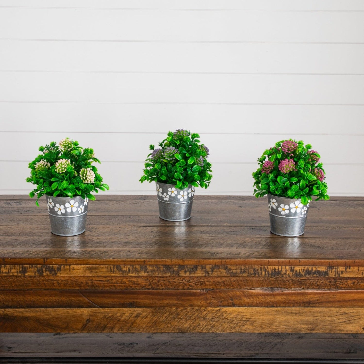 8" Artificial Mixed Flowering Plant in Decorative Daisy Tin Planter -Set of 3