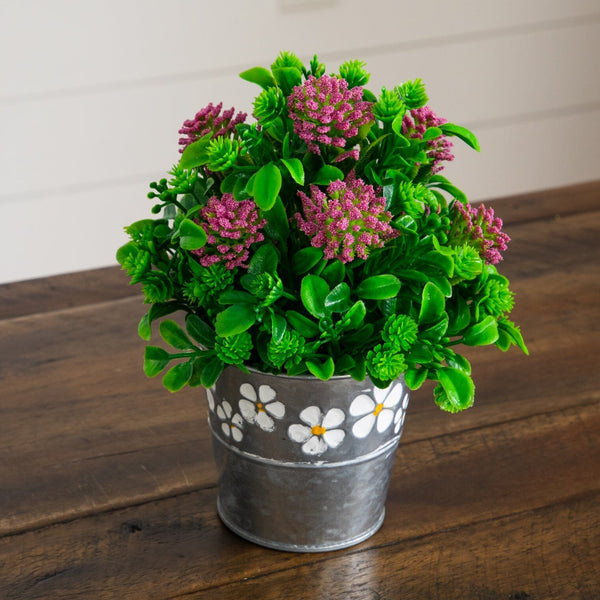 8" Artificial Mixed Flowering Plant in Decorative Daisy Tin Planter -Set of 3
