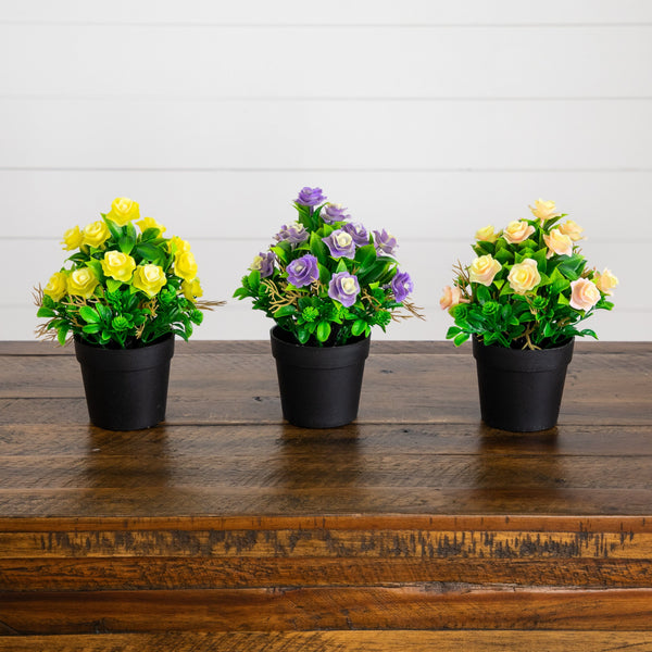 8" Artificial Rose Plant in Black Pot - Set of 3