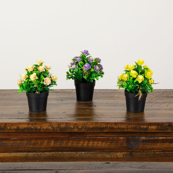 8" Artificial Rose Plant in Black Pot - Set of 3