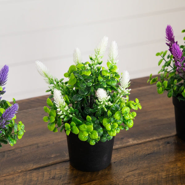 8” Artificial Spiked Lavender Plant in Black Pot - Set of 3
