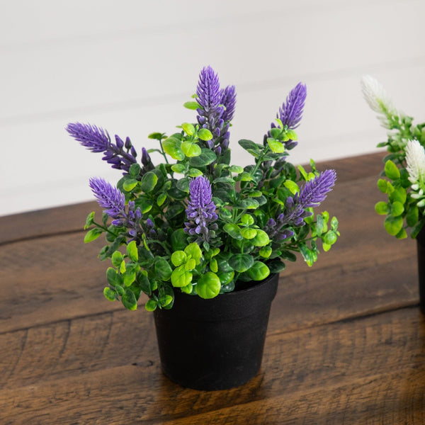 8” Artificial Spiked Lavender Plant in Black Pot - Set of 3
