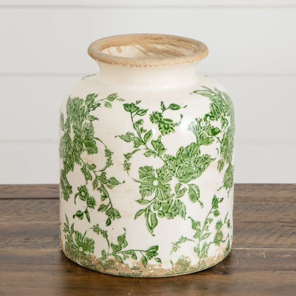 8” Floral Tuscan Ceramic Green Scroll Vase