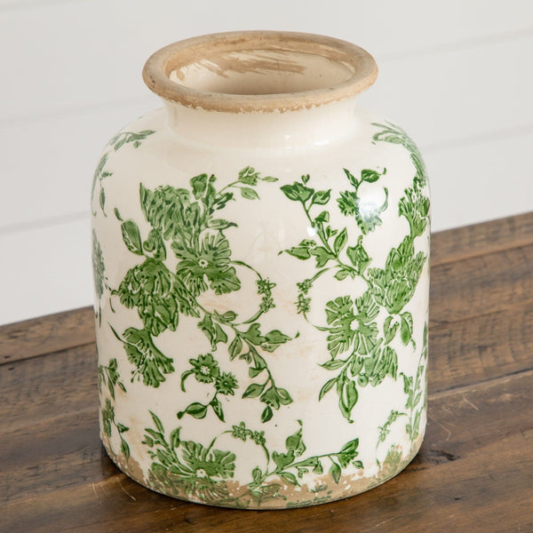8” Floral Tuscan Ceramic Green Scroll Vase