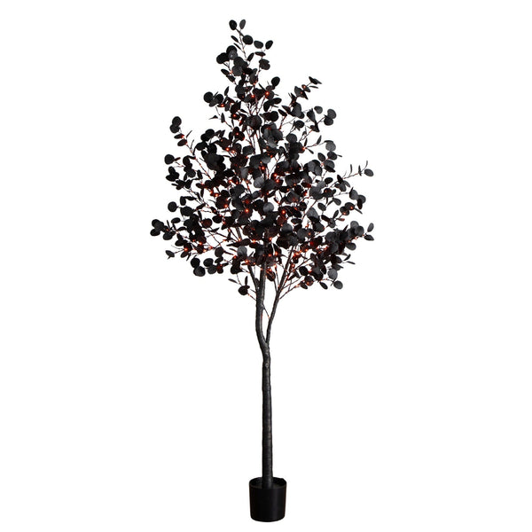 8' Pre-Lit Artificial Halloween Black Eucalyptus Tree with 540 Orange & Purple LED Lights