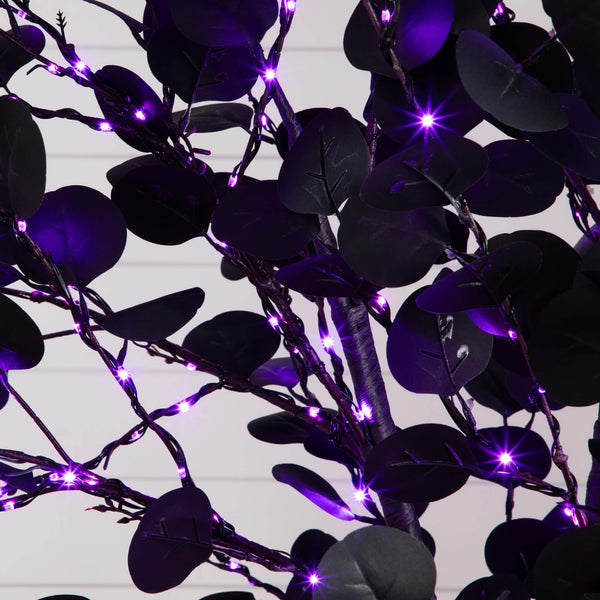 8' Pre-Lit Artificial Halloween Black Eucalyptus Tree with 540 Orange & Purple LED Lights