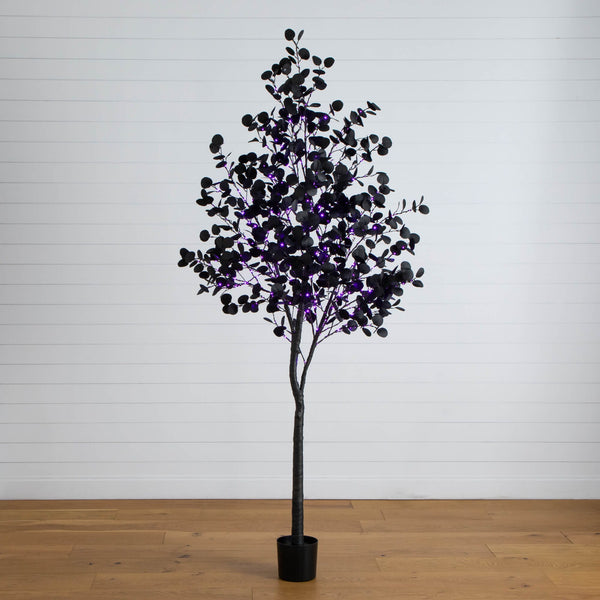 8' Pre-Lit Artificial Halloween Black Eucalyptus Tree with 540 Orange & Purple LED Lights