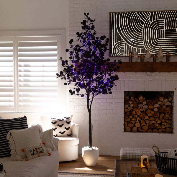 8' Pre-Lit Artificial Halloween Black Eucalyptus Tree with 540 Orange & Purple LED Lights