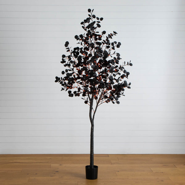 8' Pre-Lit Artificial Halloween Black Eucalyptus Tree with 540 Orange & Purple LED Lights