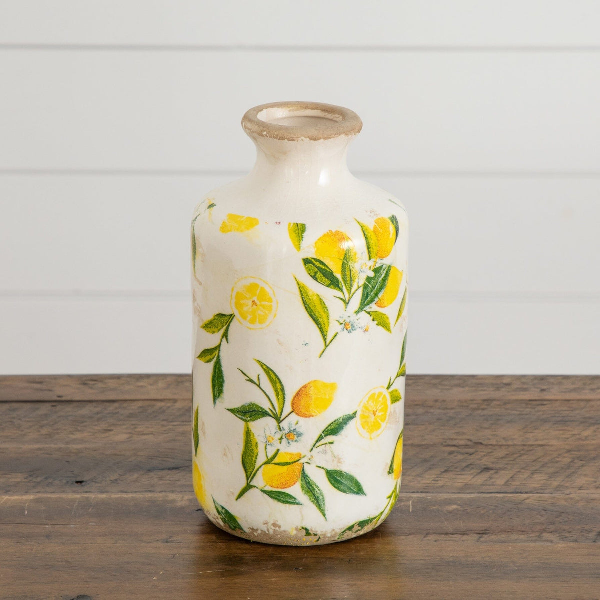 Nearly Natural 8.5-in Lemon Print Ceramic Rustic Vase