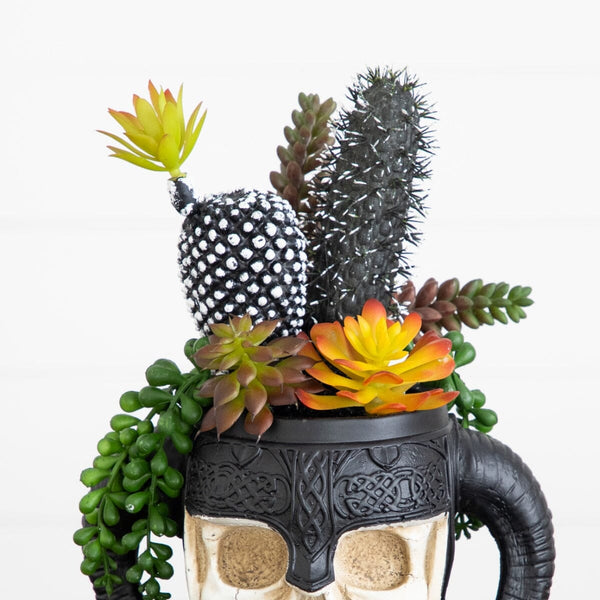 9” Artificial Halloween Mixed Succulent Garden in Warrior Skull Planter