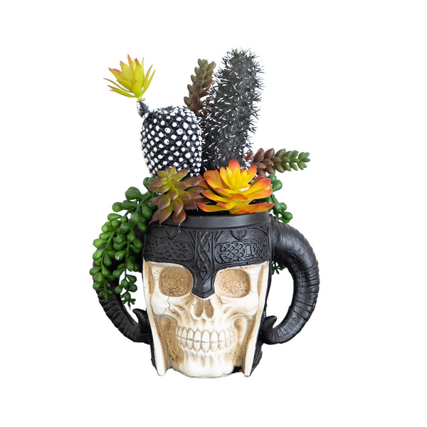 9” Artificial Halloween Mixed Succulent Garden in Warrior Skull Planter
