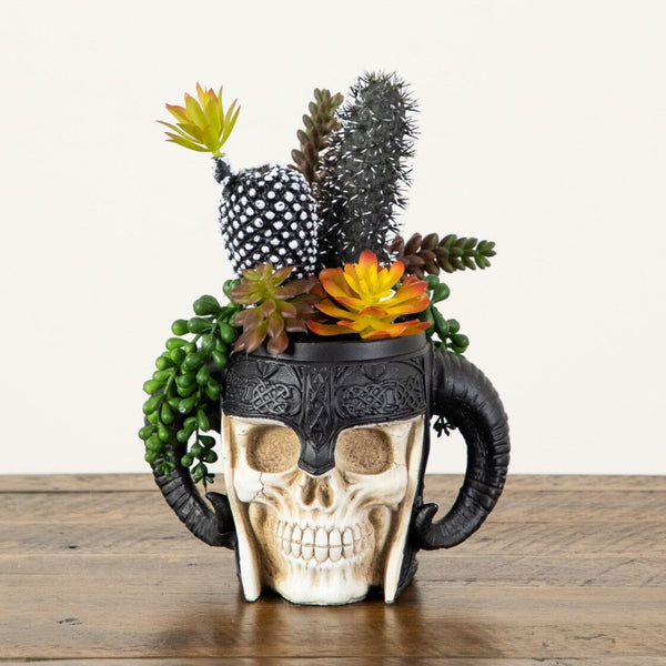 9” Artificial Halloween Mixed Succulent Garden in Warrior Skull Planter