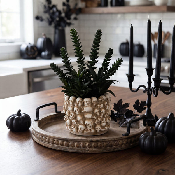9” Artificial Halloween Succulent Garden in Gothic Skull Planter