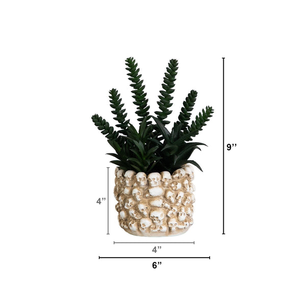 9” Artificial Halloween Succulent Garden in Gothic Skull Planter