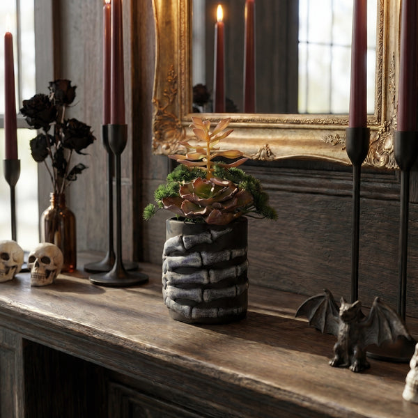 9” Artificial Halloween Succulent Garden in Skeleton Hand Planter
