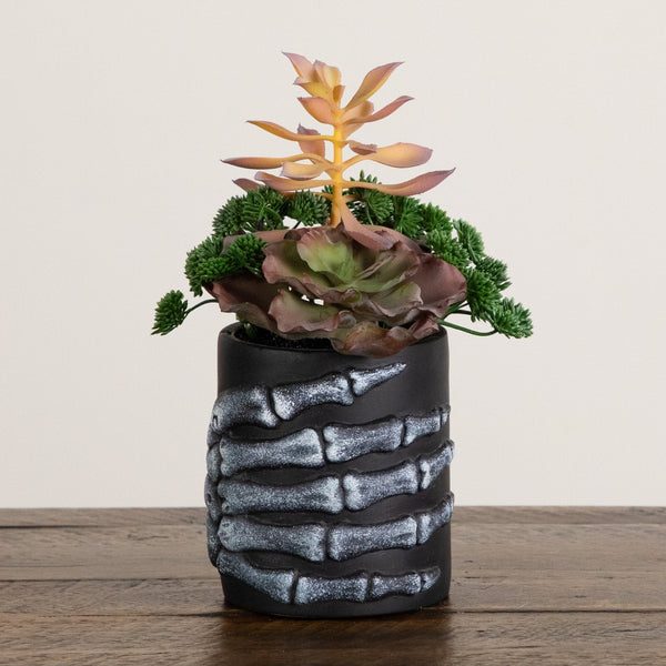 9” Artificial Halloween Succulent Garden in Skeleton Hand Planter