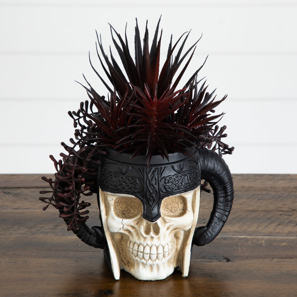 9” Artificial Halloween Succulent Garden in Warrior Skull Planter