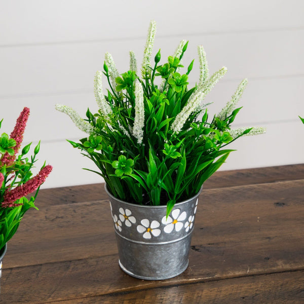 9” Artificial Lavender Plant in Decorative Daisy Tin Planter -Set of 3
