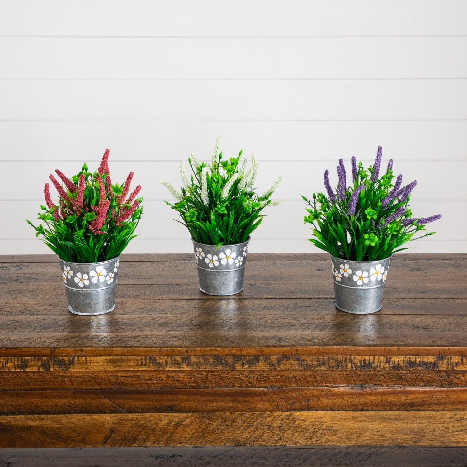 9” Artificial Lavender Plant in Decorative Daisy Tin Planter -Set of 3