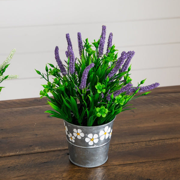 9” Artificial Lavender Plant in Decorative Daisy Tin Planter -Set of 3