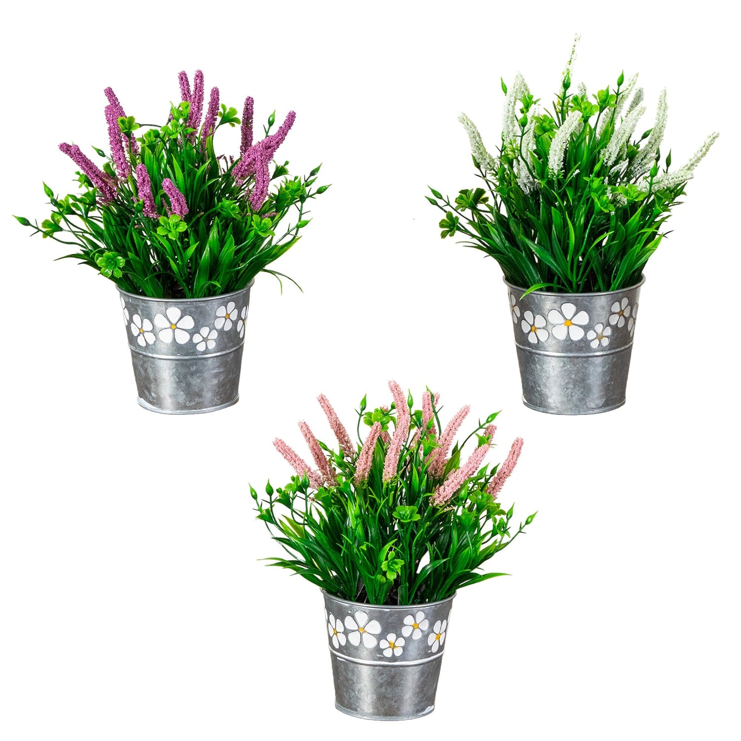 9” Artificial Lavender Plant in Decorative Daisy Tin Planter -Set of 3
