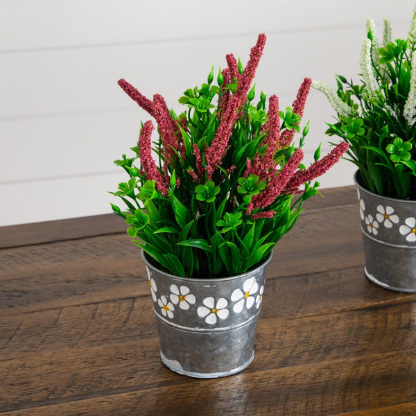 9” Artificial Lavender Plant in Decorative Daisy Tin Planter -Set of 3