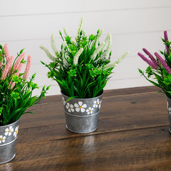 9” Artificial Lavender Plant in Decorative Daisy Tin Planter -Set of 3