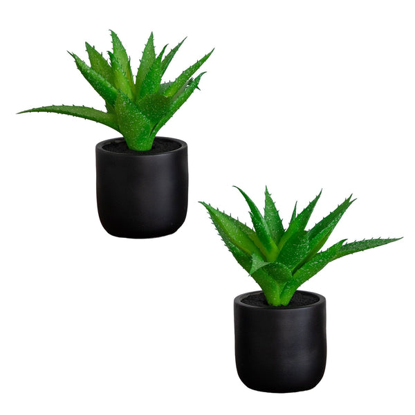 9” Artificial Mini Agave Plant in Ceramic Black Planter - Set of 2