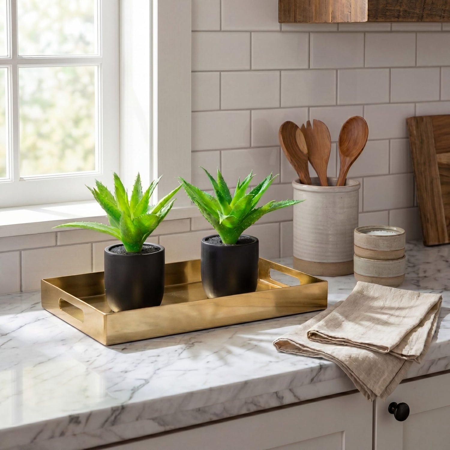 9” Artificial Mini Agave Plant in Ceramic Black Planter - Set of 2