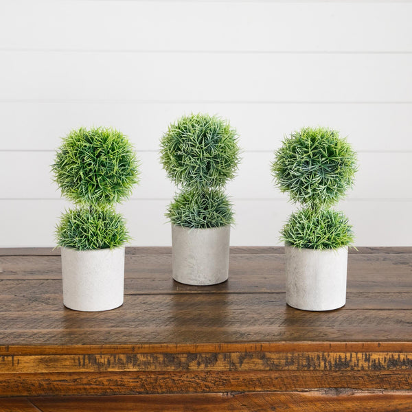 9" Artificial Mini Cactus Ball Topiary in Cement Planter - Set of 3