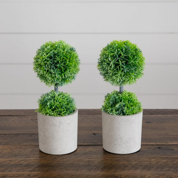 9" Artificial Mini Cedar Ball Topiary in Cement Planter - Set of 2