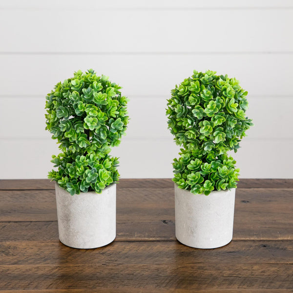 9" Artificial Mini Eucalyptus Ball Topiary in Cement Planter -Set of 2
