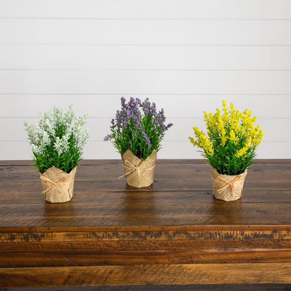 9” Artificial Mixed Lavender Arrangement in Newspaper Wrapped Pot -Set of 3